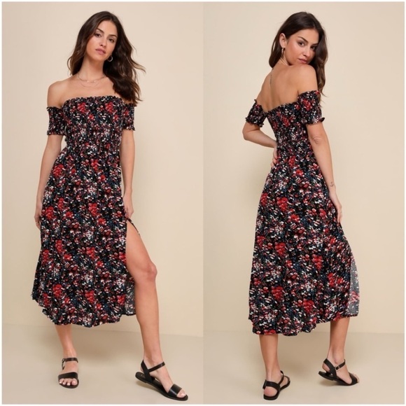 Lulus Dresses & Skirts - NWT Lulu’s View from the Meadow Off the Shoulder Midi Dress Black Floral Size XL